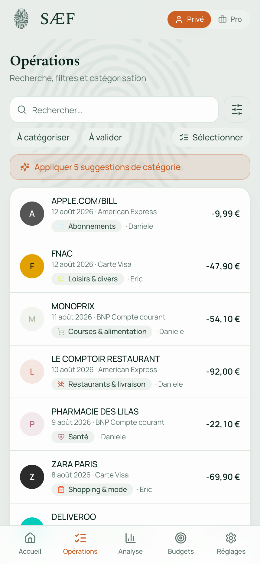 Opérations SÆF — catégorisation et suggestions